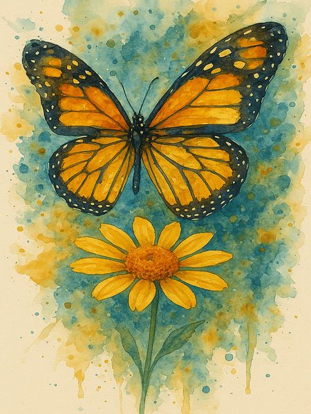 Aquarell Monarch Schmetterling und Blume - Abstraktes Insekt Poster Kunst von RavenC Store