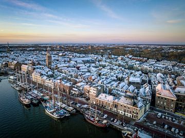 Kampen city view at the river IJssel during a cold winter sunris