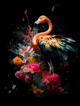 Flamant dans une explosion de fleurs et de couleurs sur Eva Lee