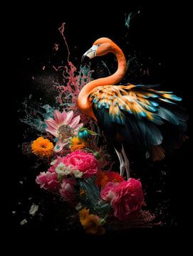 Flamingo in een Explosie van Bloemen en Kleuren van Eva Lee