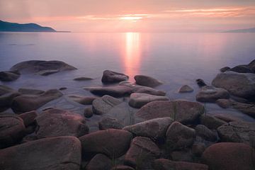 Veel stenen in een halve cirkel en bergen in de verte onder een roze zonsondergang en paars water op