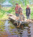 Kleine Jungen, die nach einem Fang suchen, Nikolai Bogdanov-Belsk von Meesterlijcke Meesters Miniaturansicht