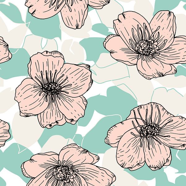 Flowers in retro style. Modern abstract botanical art. Pastel colors mint green, pink by Dina Dankers