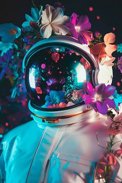Astronaut with wreath of flowers in neon light by Poster Art Shop