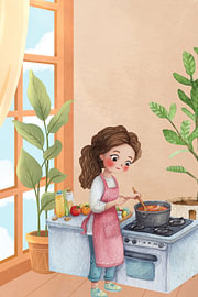 Aquarellillustration: Süßes Mädchen beim Kochen in einer gemütlichen Küche von Berwies