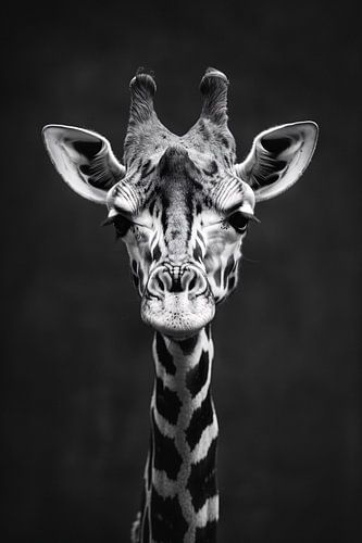 Portrait en noir et blanc d'une girafe