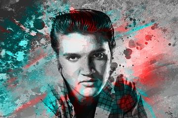 Elvis Presley Abstract Pop Art Portrait in Red Blue Grey by Art By Dominic