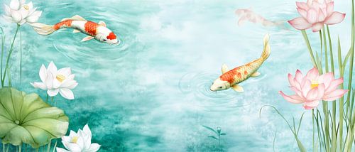 Koi vissen in een zee van waterlelies - Aquarel droom