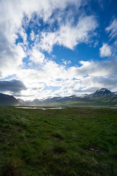 IJsland - Eindeloos magisch landschap met zonnige groene weiden tussen besneeuwde bergen van adventure-photos