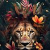 Lion surrounded by flowers by Digitale Schilderijen