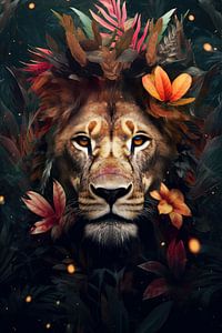 Löwe umgeben von Blumen