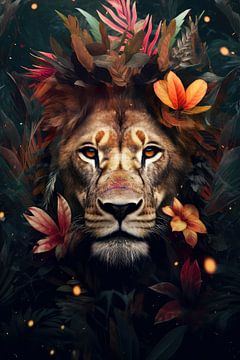 Leeuw omringt door bloemen van Digitale Schilderijen