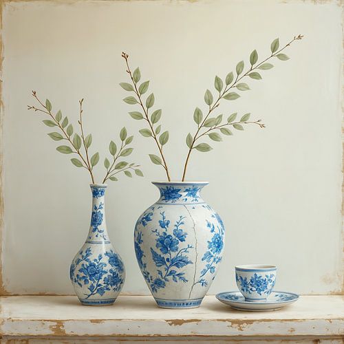 Delfts Blauw in Zachte Balans – delfts blauw stilleven schilderij met vazen en botanische takken