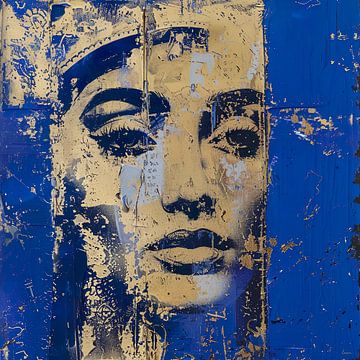 Abstract, vintage portret van een vrouw in goud en blauw van Lauri Creates