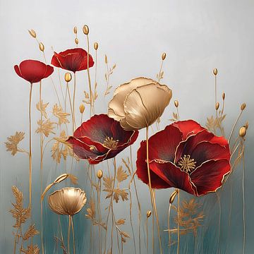 Elegantes Gemälde mit Mohnblumen in Rot und Gold von Studio Pieternel