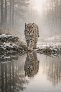 Lynx dans une forêt hivernale brumeuse – reflet dans l'eau et faune sauvage sereine, art plastique