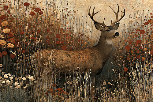 Hert tussen wilde bloemen in warme herfstkleuren
