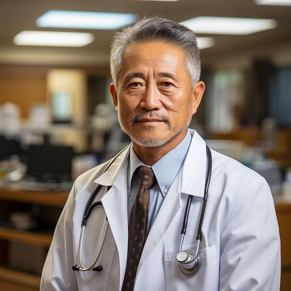Un médecin chinois d'âge moyen, portant un manteau blanc et un stéthoscope dans un hôpital. par Animaflora PicsStock