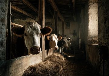 Portrait of cows in an old barn, HDR