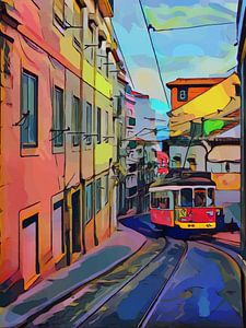 Straße mit Straßenbahn in der Stadt Lissabon Portugal von The Art Kroep