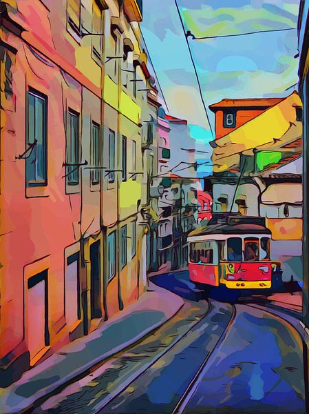 Rue avec tramway dans la ville de Lisbonne Portugal par The Art Kroep