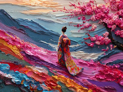 Oil painting of a geisha in a Japanese landscape