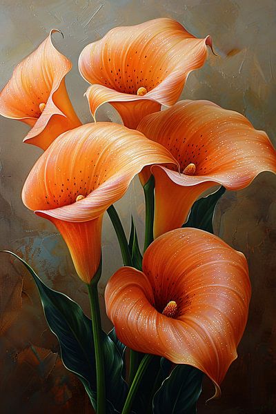 Elegante Oranje Calla Lelies op Schilderij van Art & Soul Creations