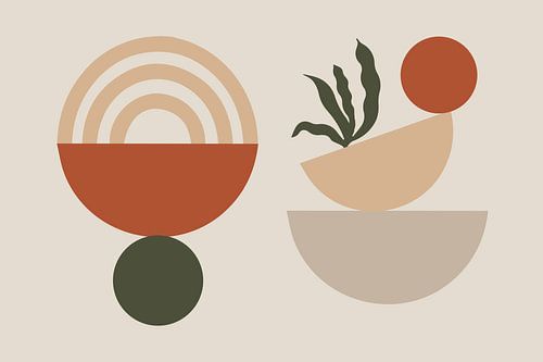 Moderne, hippe collage met geometrische en organische vormen in mooi op elkaar afgestemde kleuren.