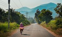 Vrouw fietst over Thaise platteland, Sukhothai