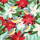 Winter vogels Koolmezen tussen kerst bloemen van Caroline Bonne Müller thumbnail