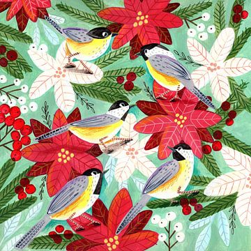 Winter birds tits among Christmas flowers by Caroline Bonne Müller