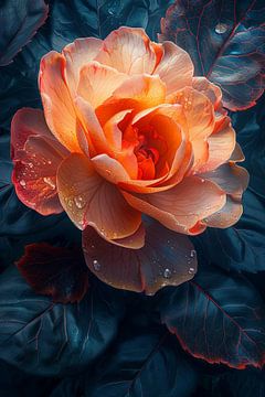 Radiant flower with water droplets on dark leaves by Felix Brönnimann