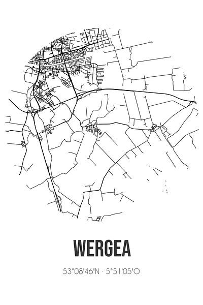 Wergea (Fryslan) | Karte | Schwarz und weiß von Ortsdrucke