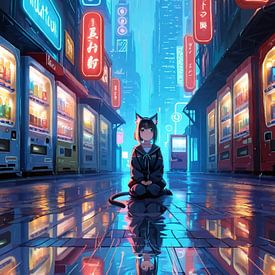 Anime Girl with Cat Ear Sitting in Cyberpunk City by MIROKKU