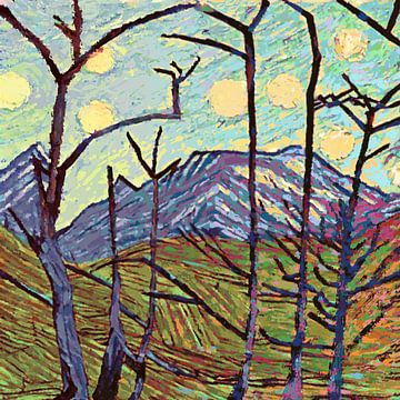 7 Sonnen, ein Berg & ein Tal mit kahlen Bäumen von Anna Marie de Klerk
