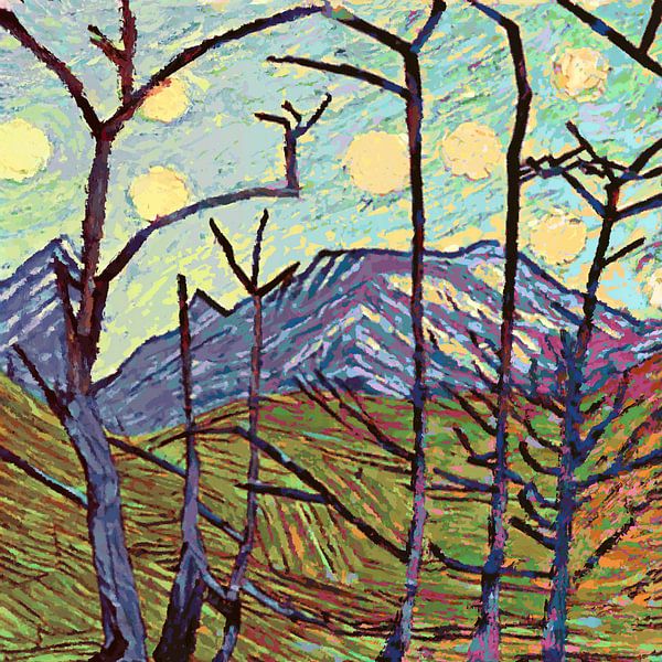 7 Suns, a mountain &amp; a valley with bare trees by Anna Marie de Klerk