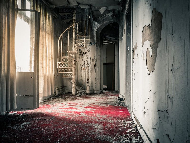 Red carpet and spiral staircase in dilapidated villa by Art By Dominic