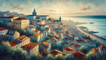 De magie van Lissabon bij zonsopgang van artefacti