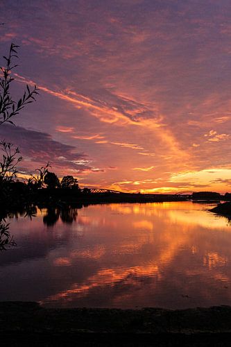 Coucher de soleil sur l'une des plaines inondables de l'IJssel, depuis la digue à Zwolle, aux Pays-Bas