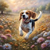 Beagle jouant dans un champ de fleurs