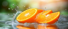 Oranges fraîchement coupées dans un splash d'eau sur Poster Art Shop