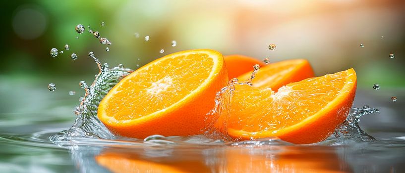 Freshly cut oranges in a water splash by Poster Art Shop