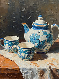 Blue Floral Ceramic Tea Set Painting by dudu artwork