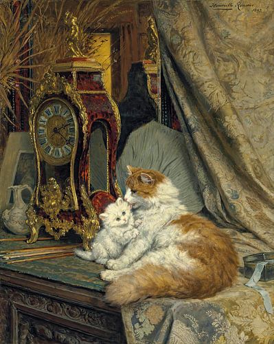 Henriëtte Ronner-Knip - Eine Katzenmutter und ihr Kätzchen mit einer Klammeruhr (1897)