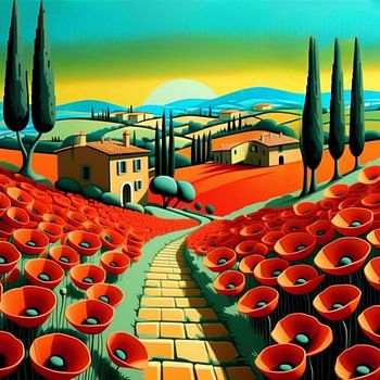 Paysage méditerranéen avec village et champ de coquelicots