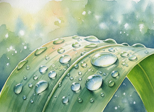„Ätherische Tautropfen auf grünen Blättern“ – Aquarell-Kunstdruck