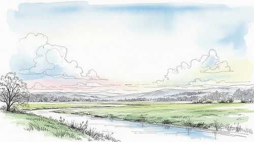 Aquarel en inktlandschap met rivier en bergen