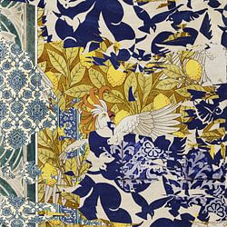 Collage van kaketoes, citroenen, duiven en ornamenten