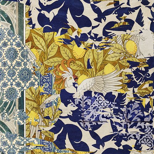 Collage van kaketoes, citroenen, duiven en ornamenten