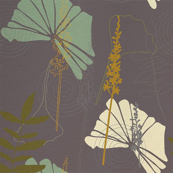 Fleurs dans un style rétro. Art botanique abstrait moderne en gris foncé, vert et jaune. par Dina Dankers
